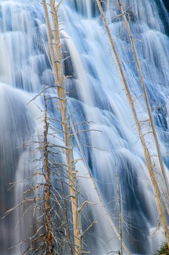 Blue;Branches;Brown;Calm;Cascade;Cascading;Chute;Falls;Flow;Healing;Health care;Healthcare;Nature;Pastoral;Pouring;Spilling;Stream;Streaming;Tan;Tree;United States;Warm Colors;Warm Palette;Warm Tones;Water;Waterfalls;Waterscape;West Yellowstone;Wyoming;Yellowstone National Park;color;landscape;oneness;peaceful;reflection;restful;serene;soothing;tranquil;tree limbs;trees;trunk;waterfall;zen
